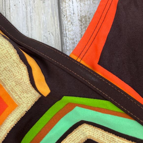 Tara Grinna Swimsuit Sz 14 One Piece Faux Wrap Brown Orange Retro Geometric - Picture 3 of 15